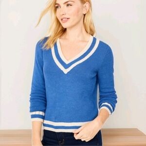 Talbots Linen Varsity Blue and White V-Neck Preppy Sweater Layering Large Tennis